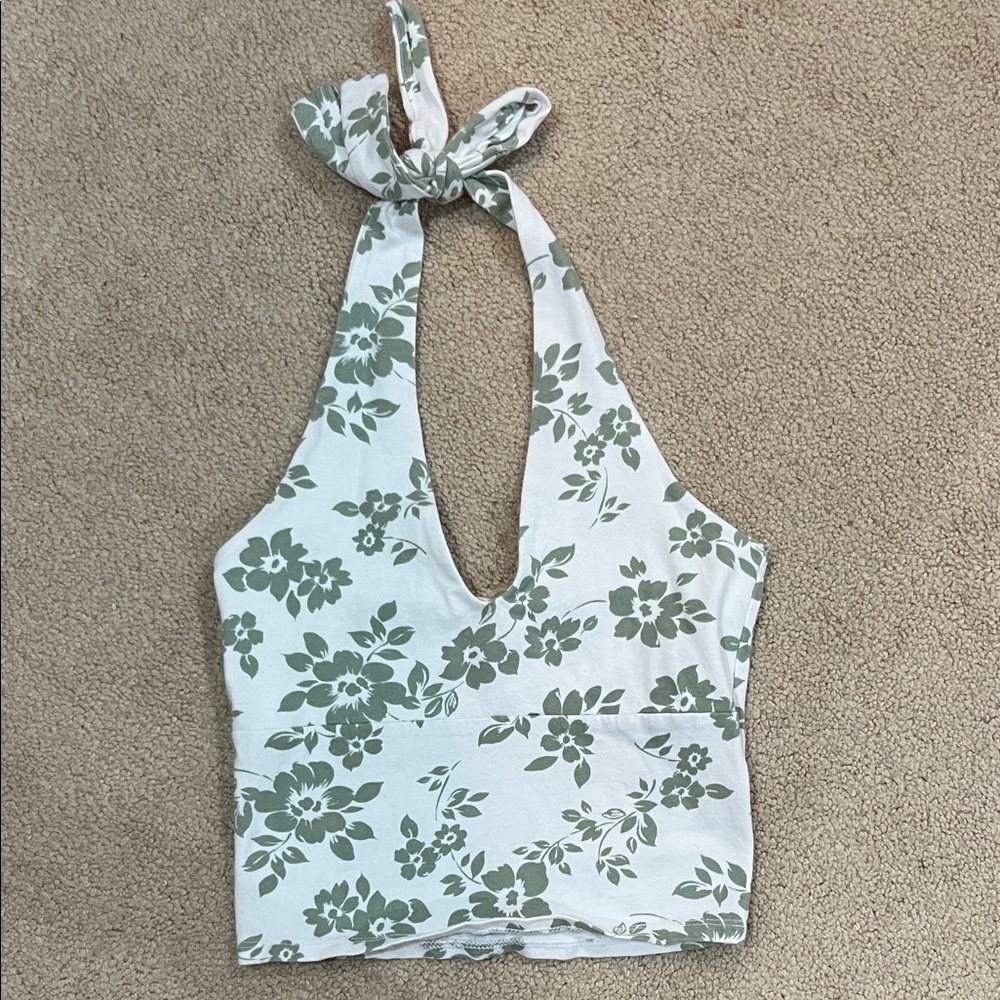 Hollister Green Floral Halter Crop Top